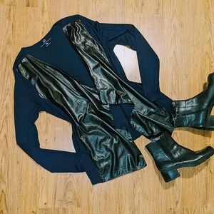 NY&Co Draped Open Front Sweater Jacket Knit Faux Leather sz small